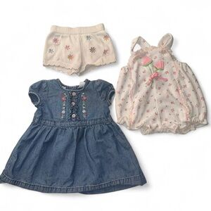 Adorable Baby Girl Clothing Bundle: Dress, Shorts & Romper 6-12months